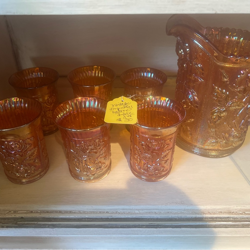 Iridescent Amber Glass Pitcher and Tumbler Set - Amber